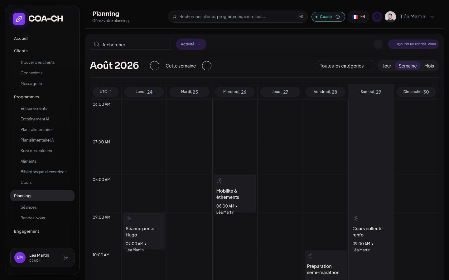 Unified calendar — sessions, classes and appointments together